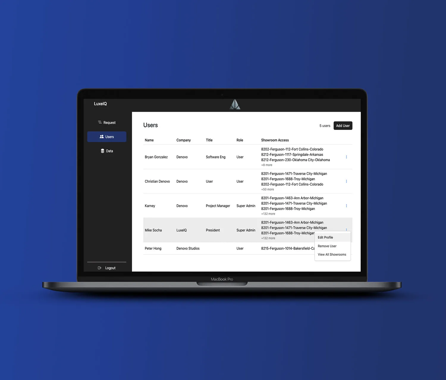 Laptop showing the LuxeIQ admin list of users