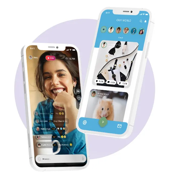 Two phones showing a video chat and a photo feed in the training app