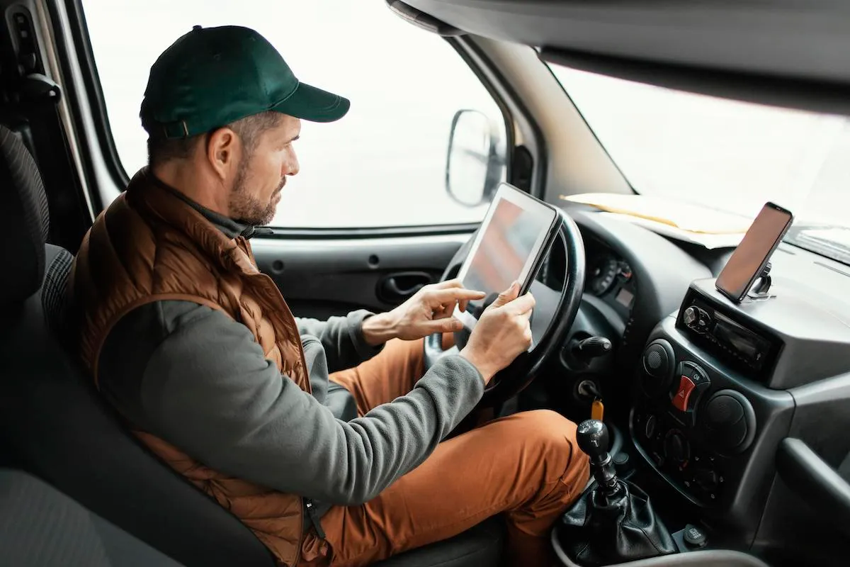 Field technician in a work van using a tablet