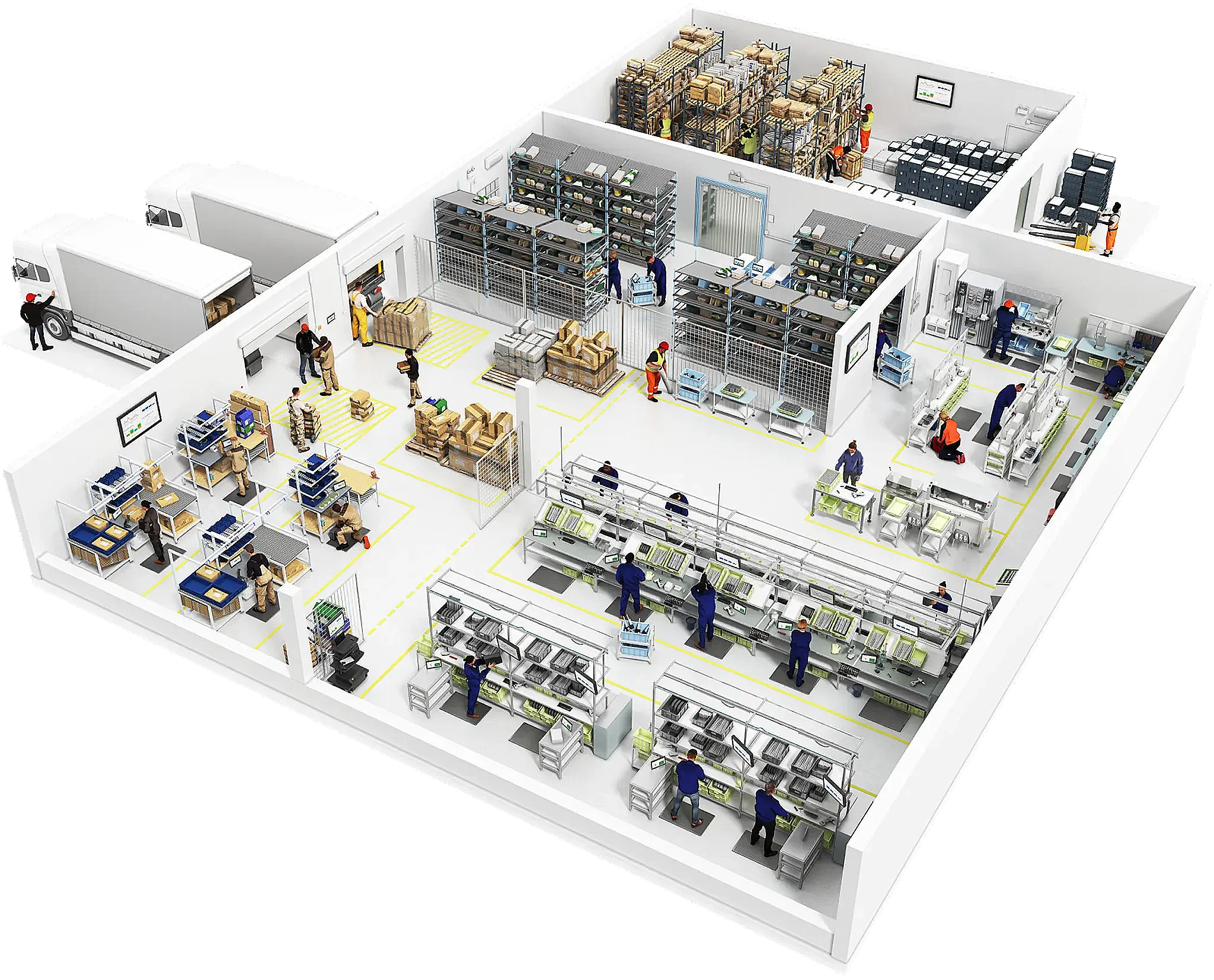 Illustration of a factory floor with workstations, inventory shelving, and a shipping area