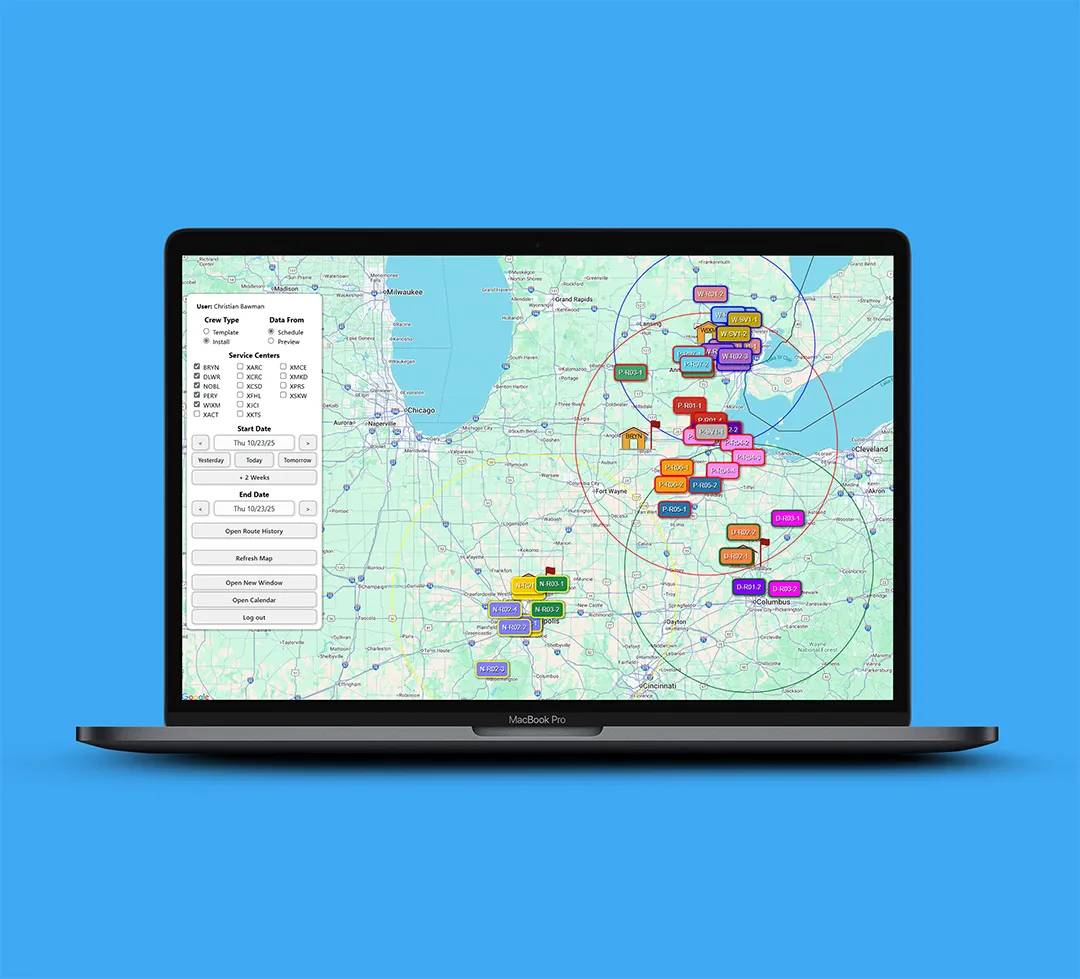 Laptop showing a web dashboard with job locations on a regional map