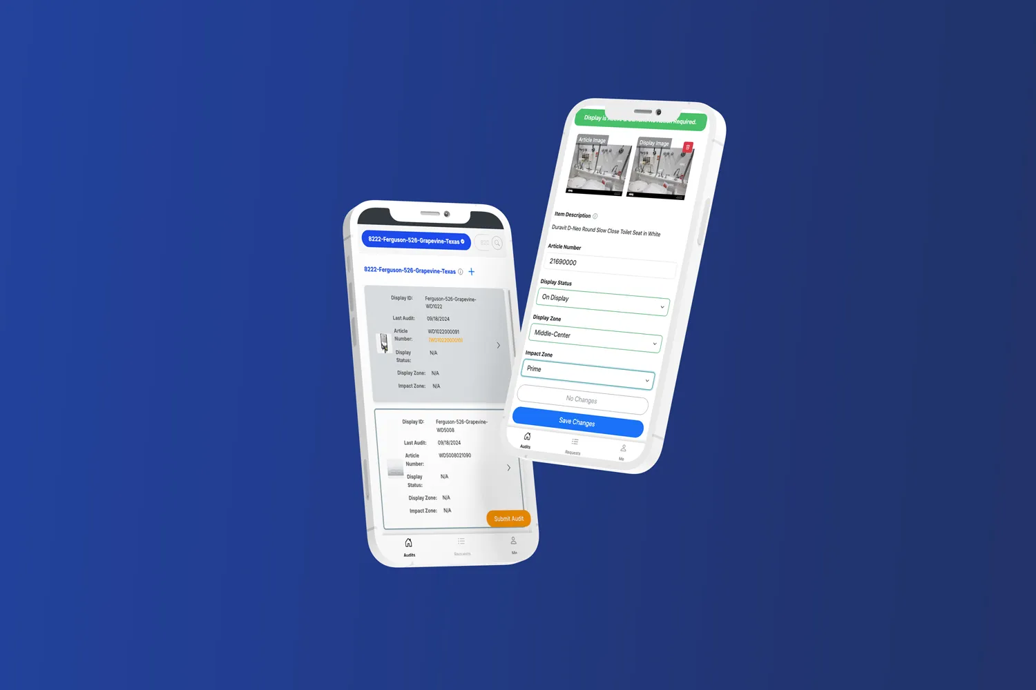 Two phones showing showroom audit forms