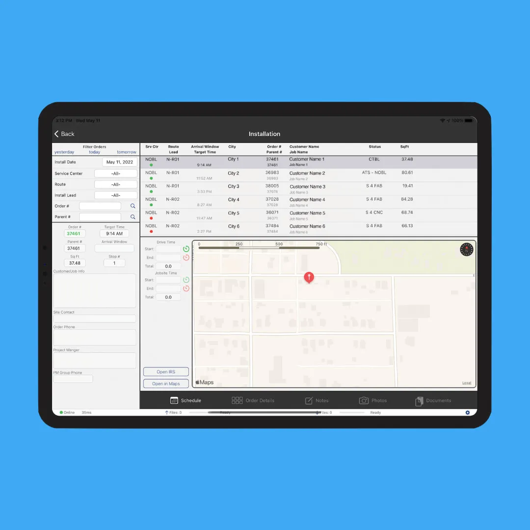 Tablet showing an installation schedule with a job list and map